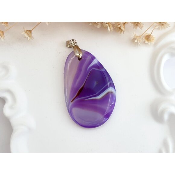 Purple Agate Sliced Smooth Crystal Freeform Silver T Teardrop Vintage Pendant - Picture 9 of 10